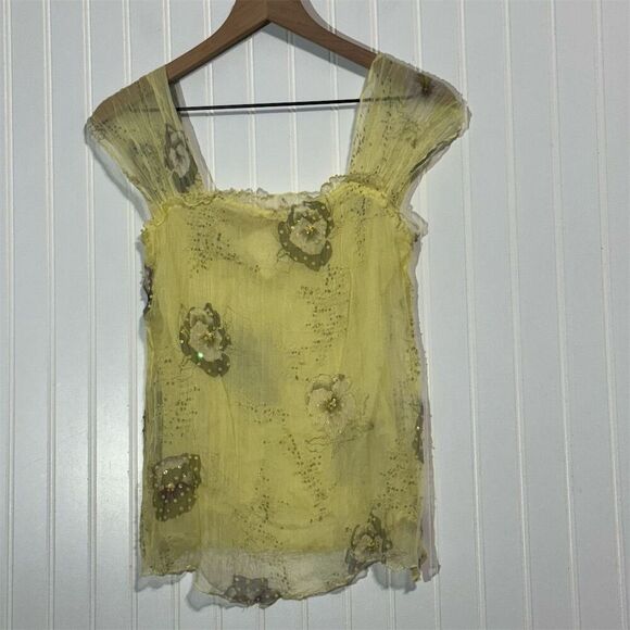 Misomiso Yellow Sheer Beaded Floral Top L 100% Silk Fairycore Romantic NWT - Picture 2 of 11